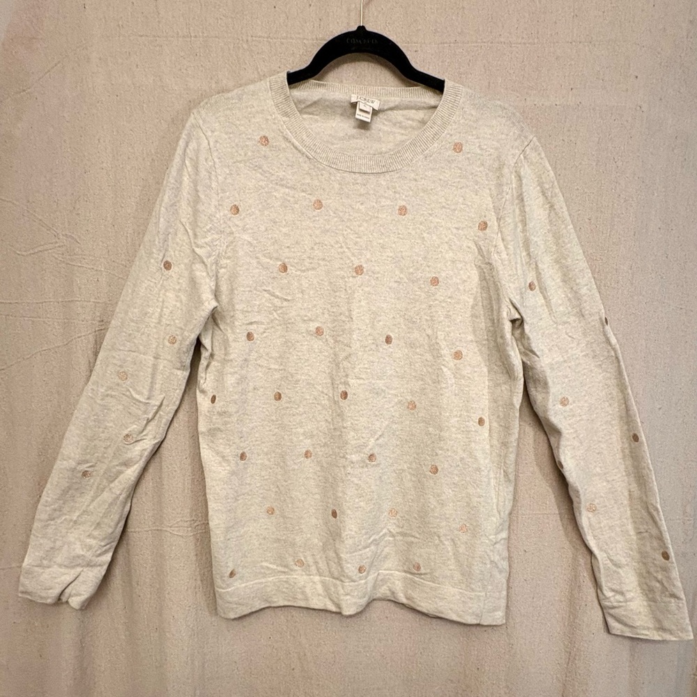 J. Crew Cream and Gold Dot Sweater, XL, Mixed Fiber, Light, Comfy, Embroidered